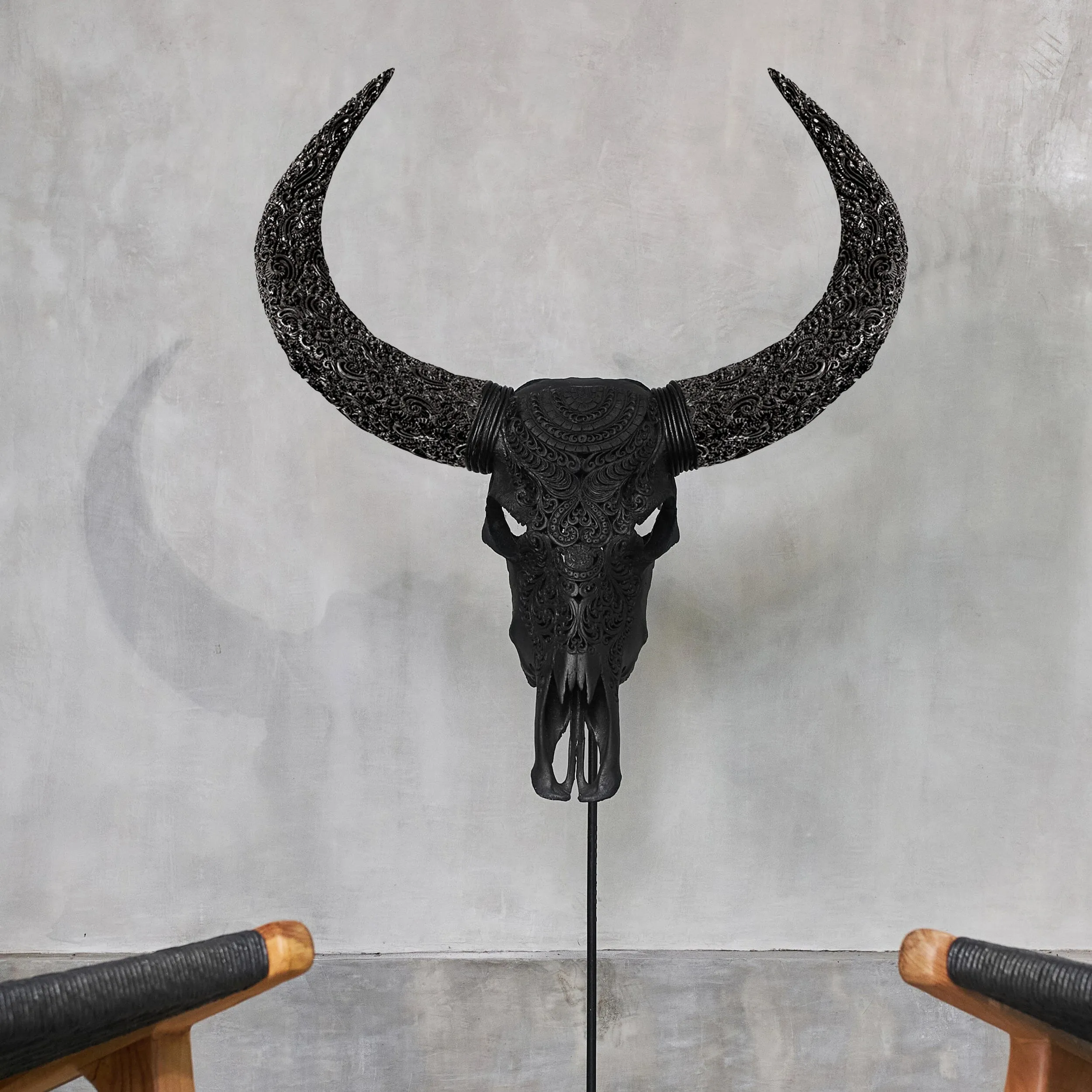 Hand Carved Buffalo Skull - Matte Black Boho