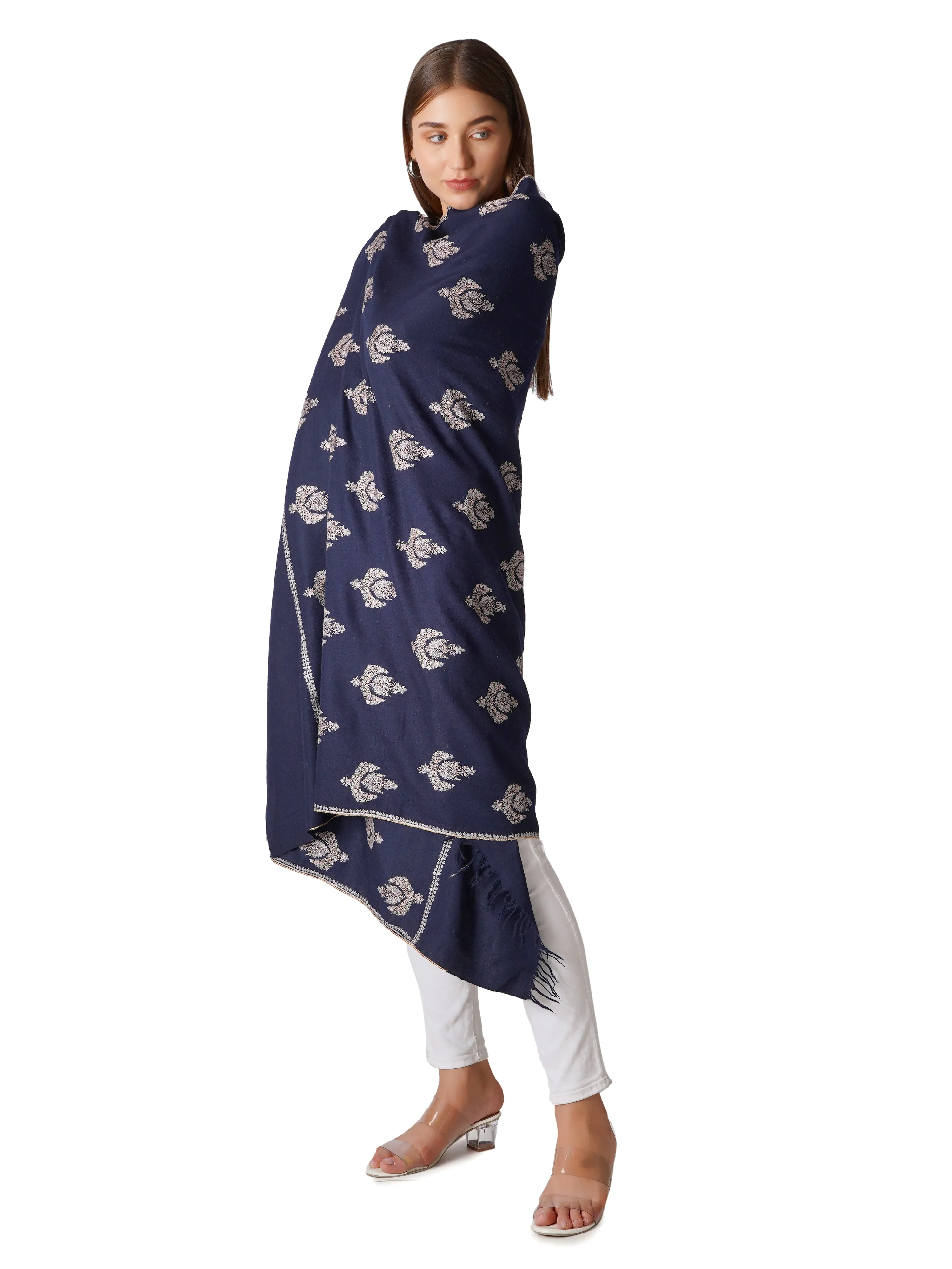 Handcrafted Navy Pashmina Shawl with Hand Embroidery - Luxurious and Soft