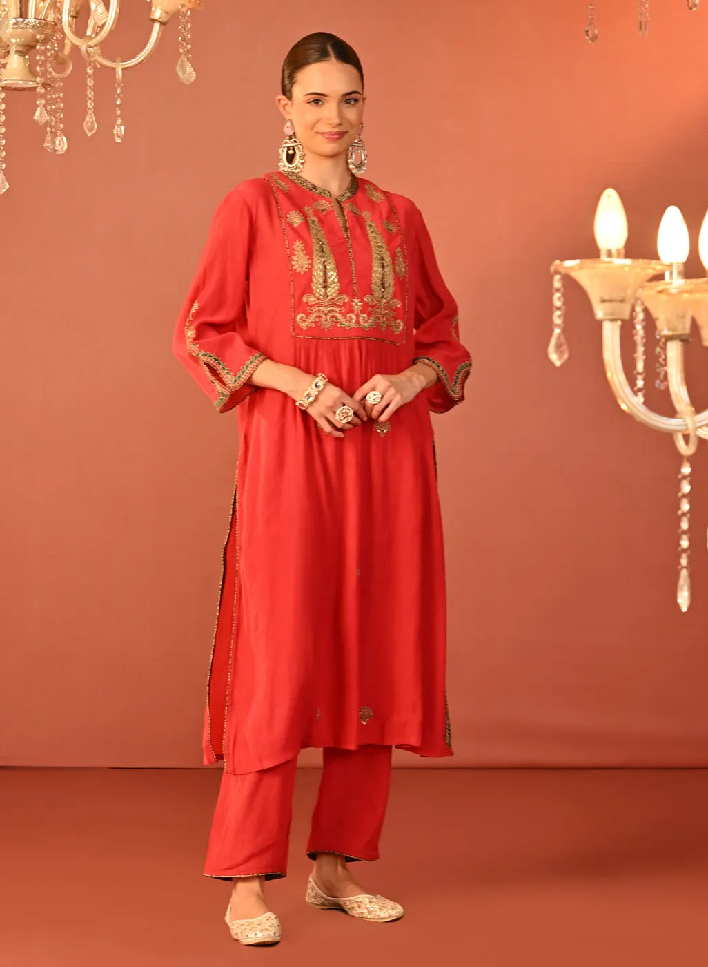 Ifrah Carrot Red Embroidered Cotton Kurta Set for Women