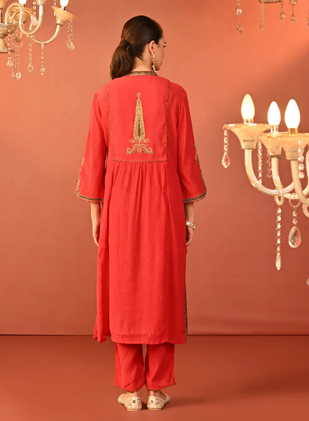Ifrah Carrot Red Embroidered Cotton Kurta Set for Women