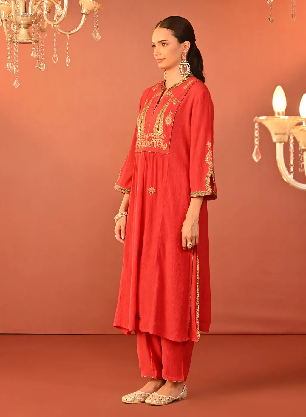 Ifrah Carrot Red Embroidered Cotton Kurta Set for Women