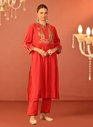 Ifrah Carrot Red Embroidered Cotton Kurta Set for Women