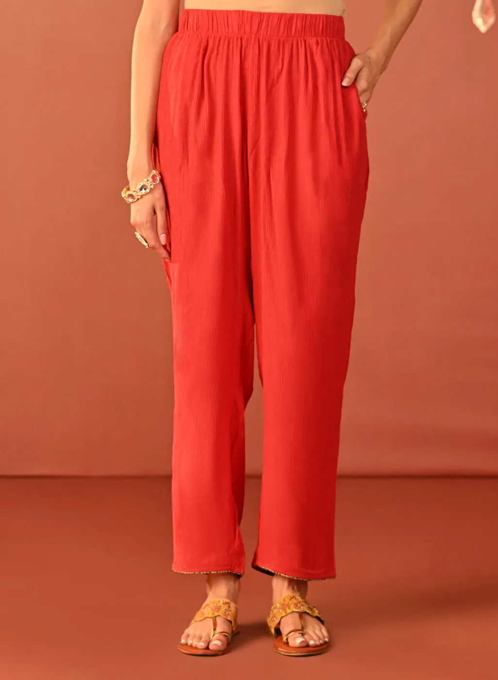 Ifrah Carrot Red Embroidered Cotton Kurta Set for Women