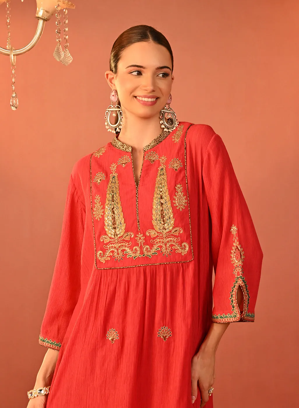 Ifrah Carrot Red Embroidered Cotton Kurta Set for Women