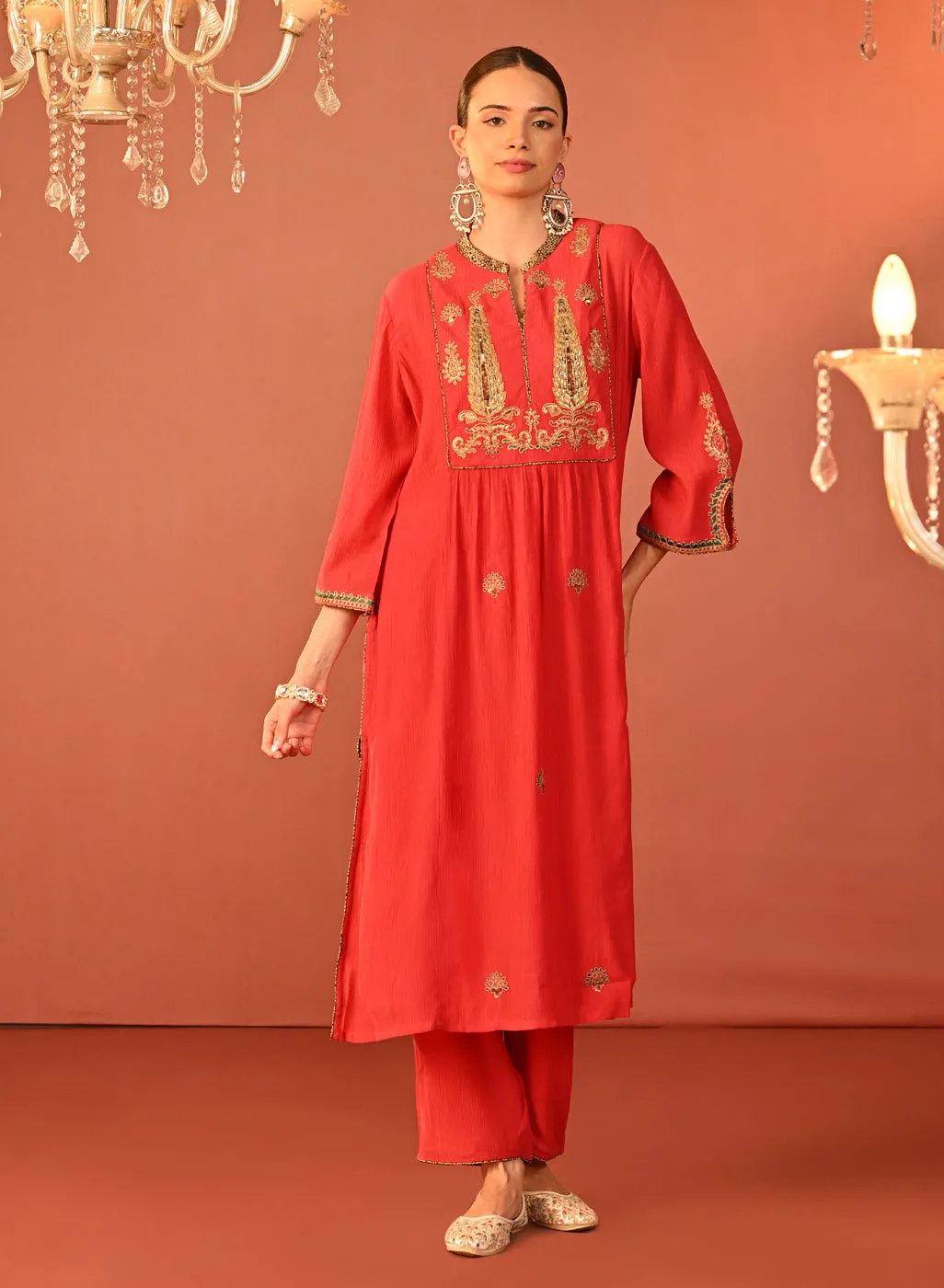 Ifrah Carrot Red Embroidered Cotton Kurta Set for Women