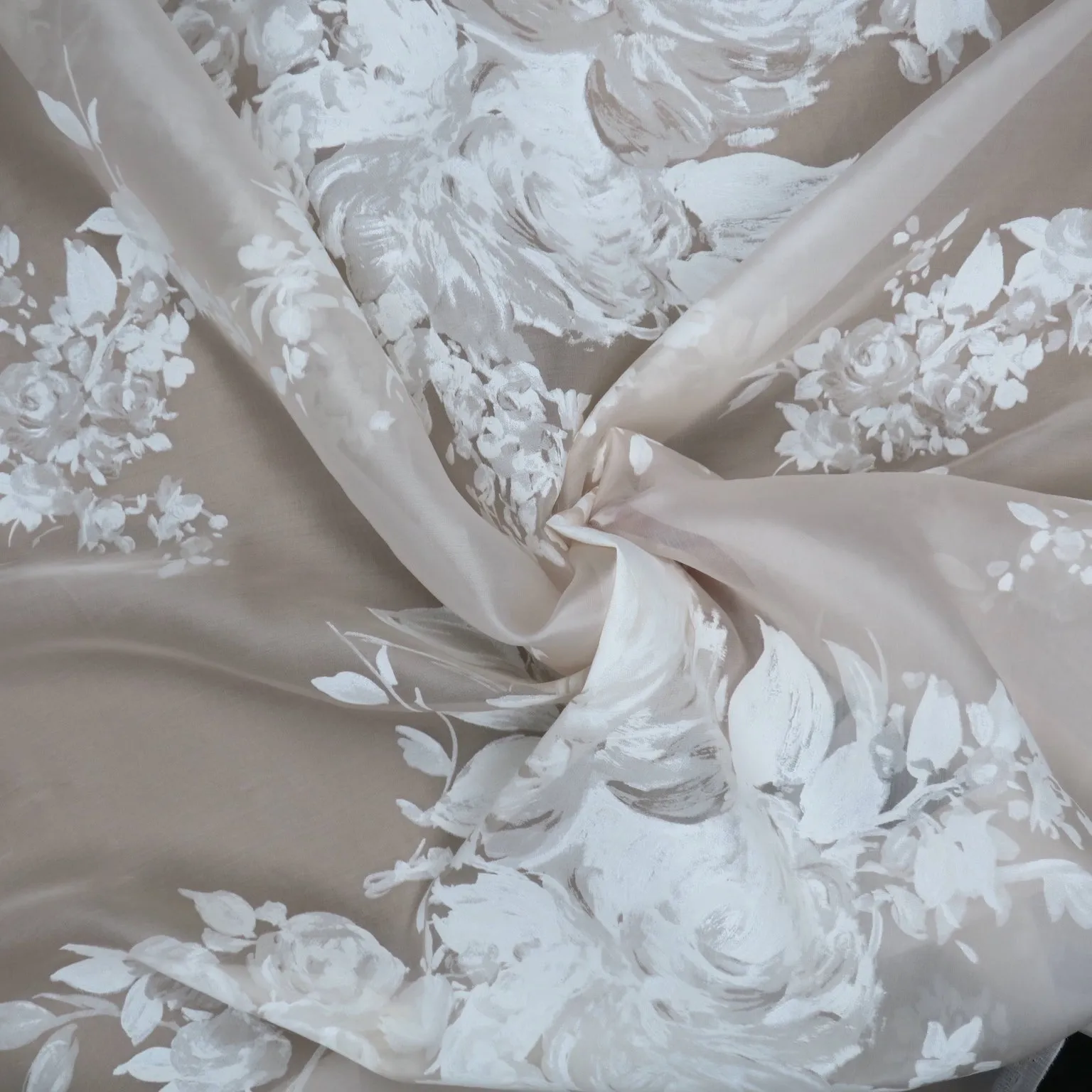 Ivory Hand Painted Florals Silk Organza Fabric