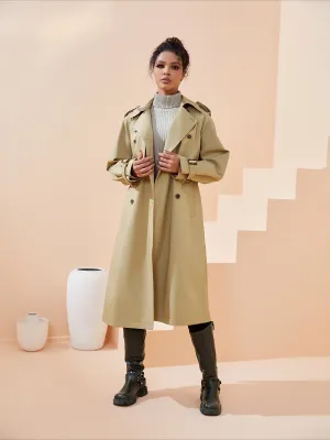 Khaki 3/4 Length Turn Down Full Sleeve Casual Women Trench Coats