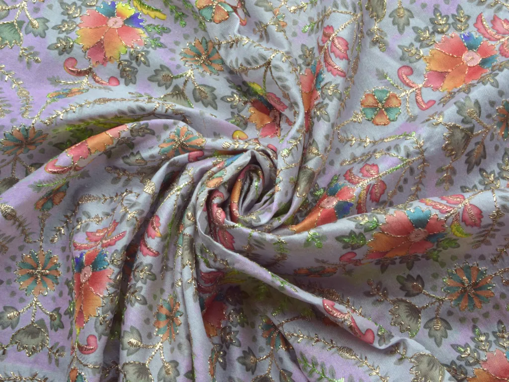 Lavender Traditional Digital Print Heavy Zari Embroidered Mulberry Silk Fabric