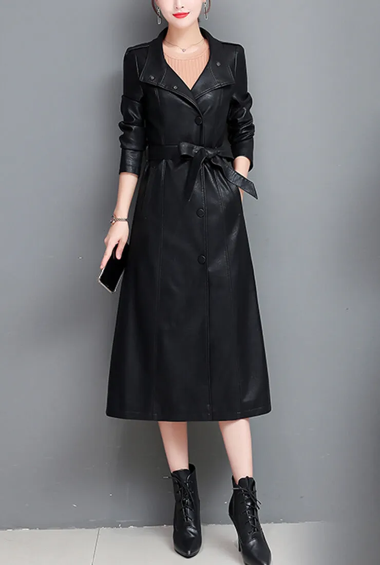 Leather Lace-up Long Trench Coat