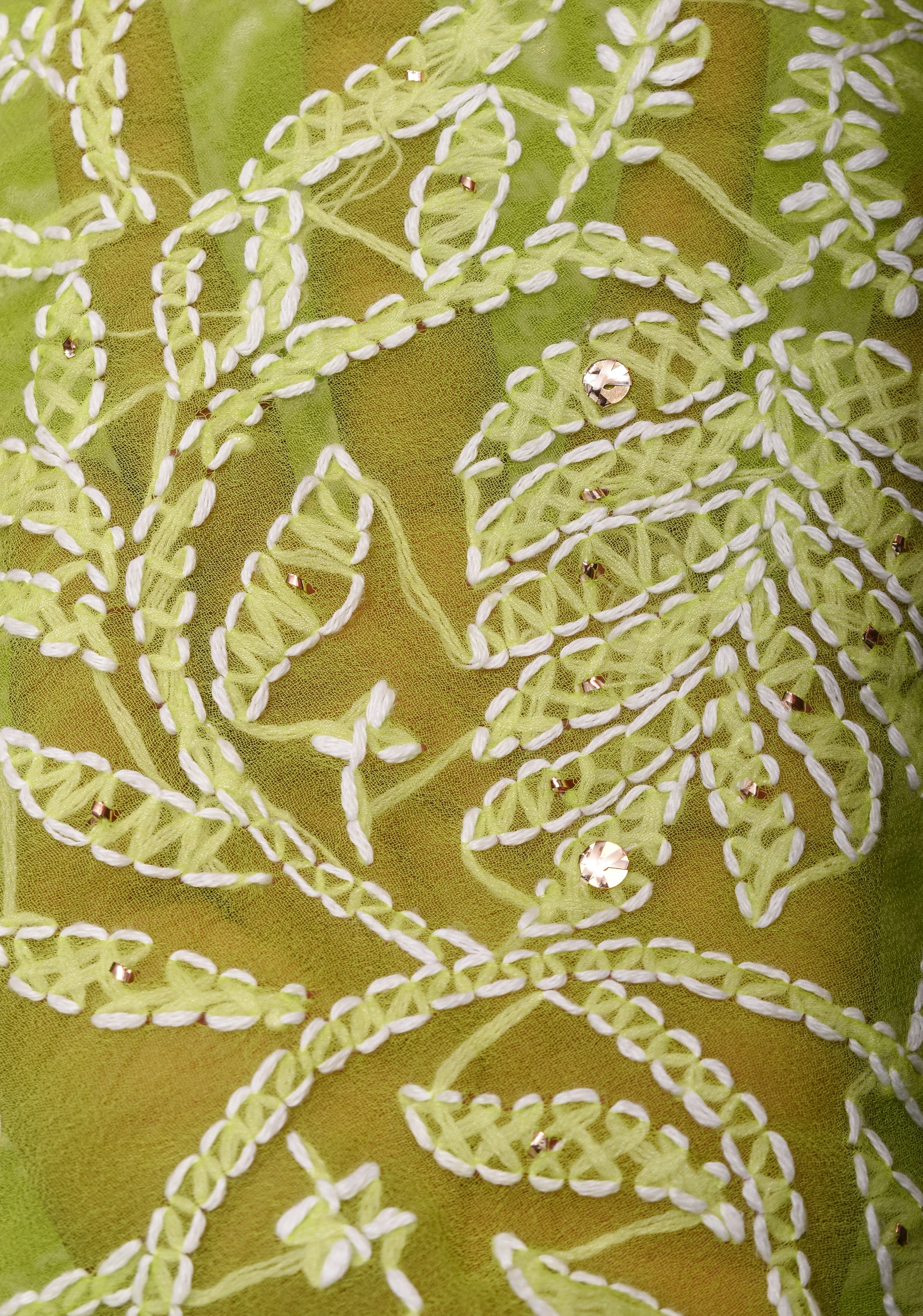 Lime Green Authentic Hand-Embroidered Full Jaal Chikankari Georgette Saree with Gotta Work