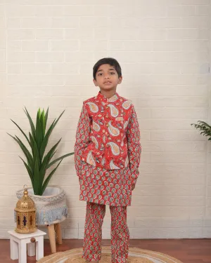Little Botanical Dapper Nehru Jacket with Kurta Pajama 3 Piece set for Boys  | Shobitam Custom Wear Made To Order