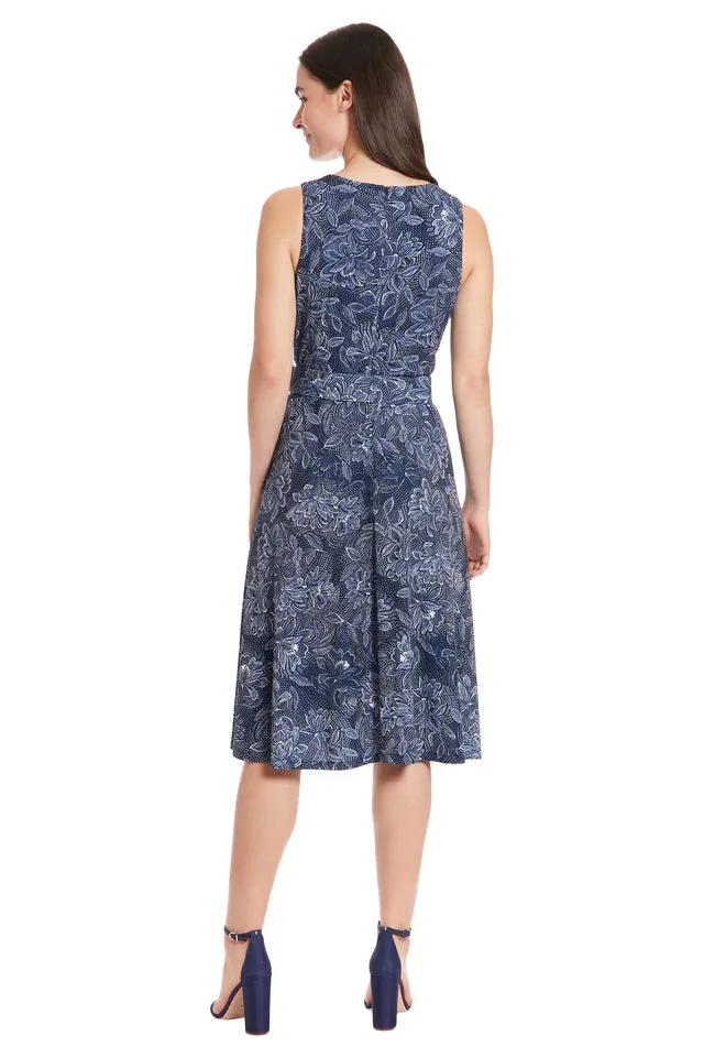 London Times Belted Jersey BAtik Dress | Navy/Ivroy