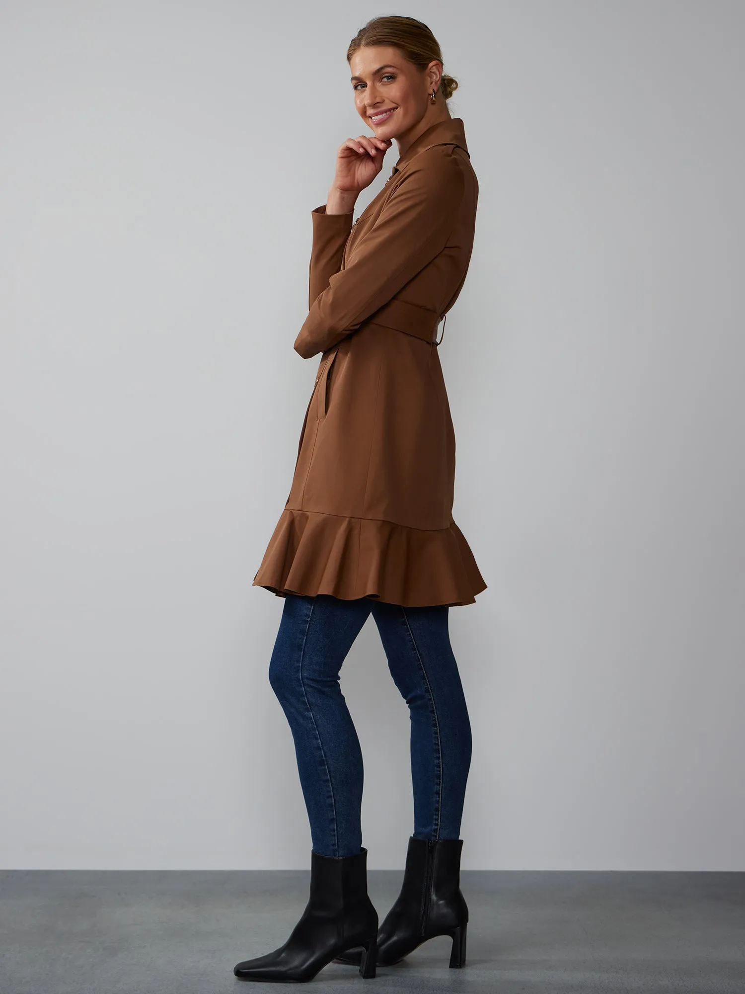Long Sleeves Belted Peplum City Trench Coat