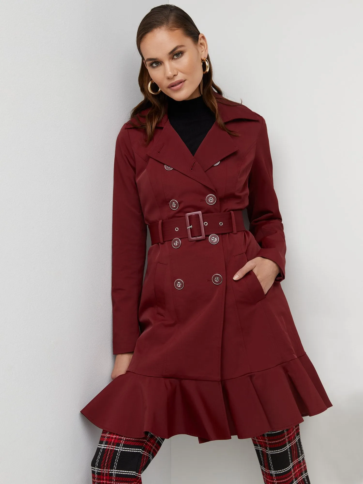 Long Sleeves Belted Peplum City Trench Coat