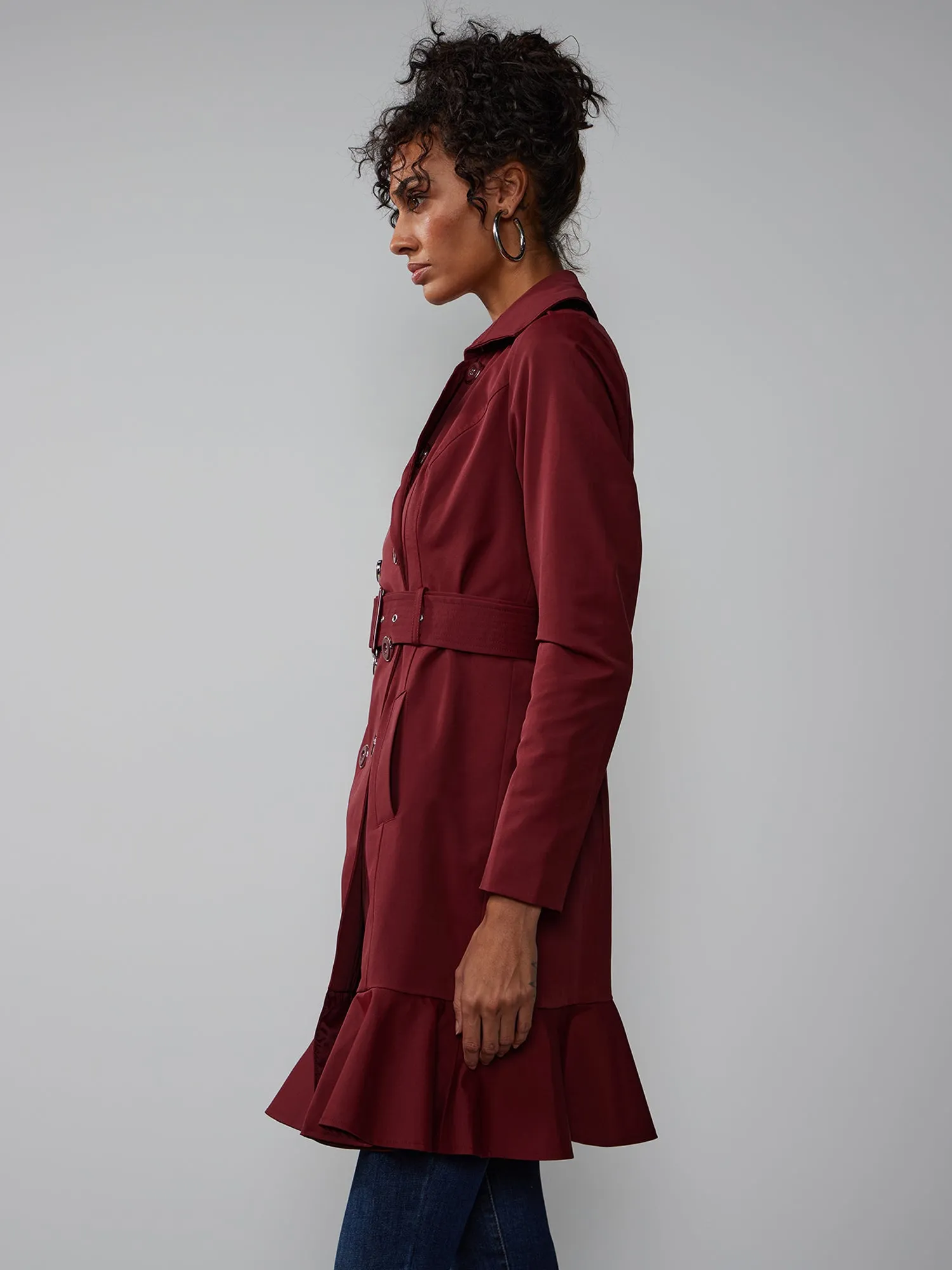 Long Sleeves Belted Peplum City Trench Coat