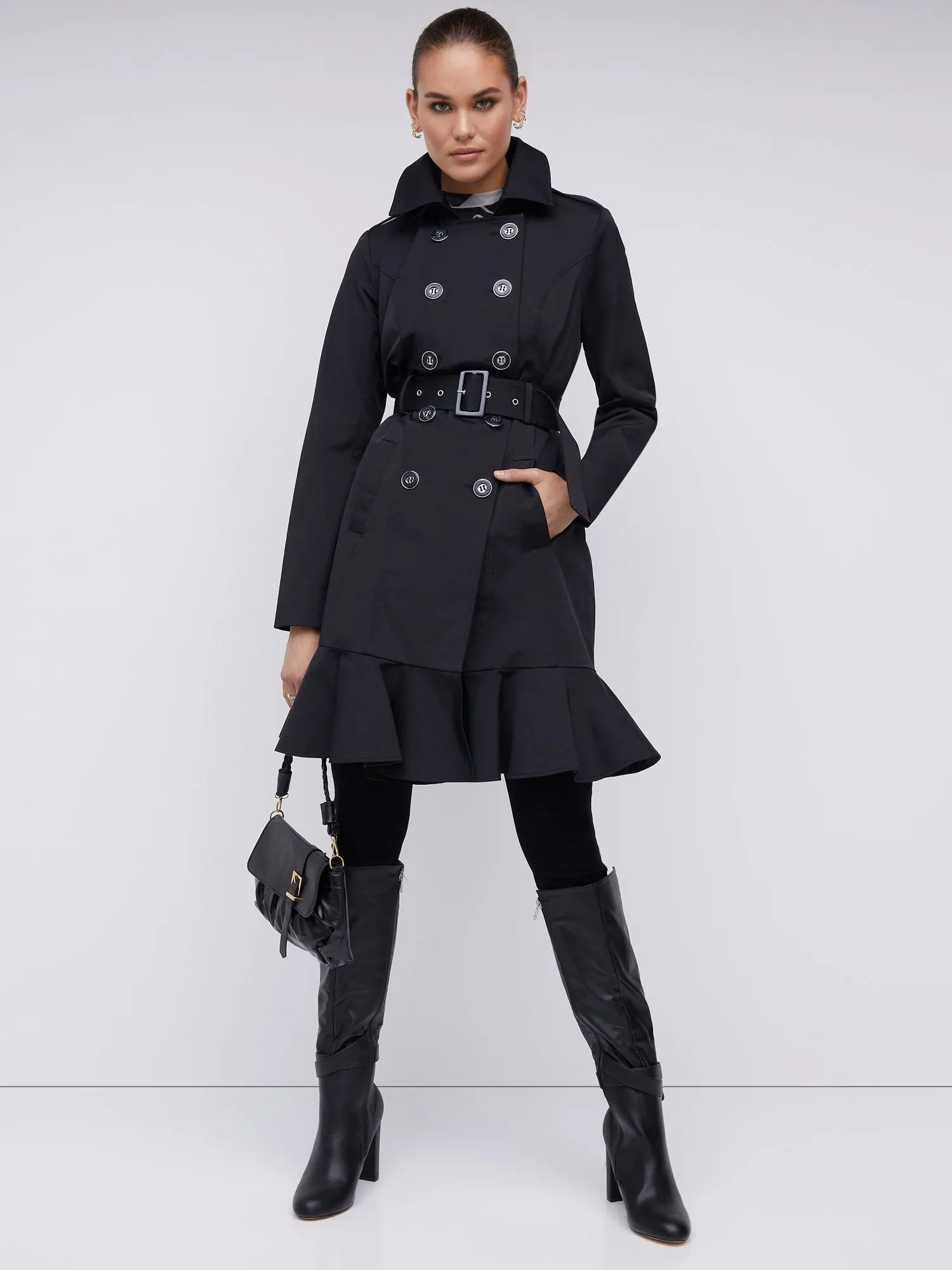Long Sleeves Belted Peplum City Trench Coat