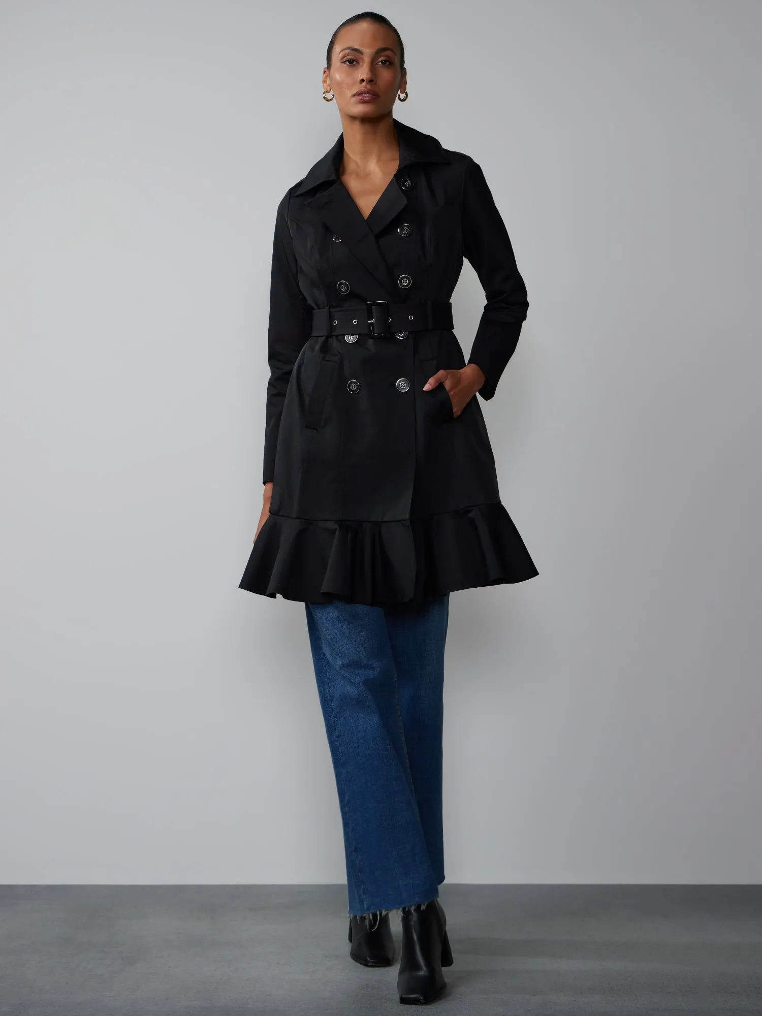 Long Sleeves Belted Peplum City Trench Coat