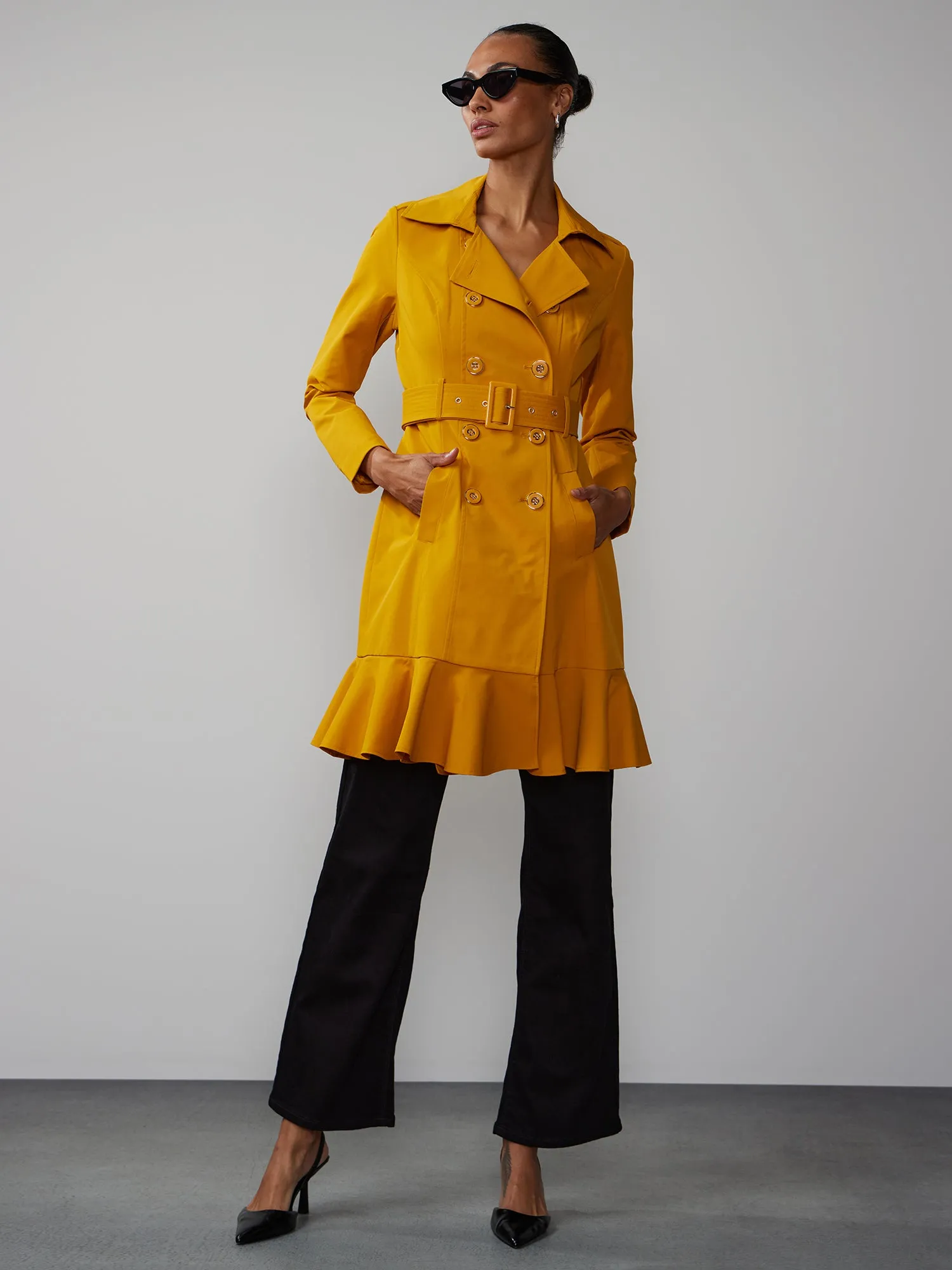 Long Sleeves Belted Peplum City Trench Coat