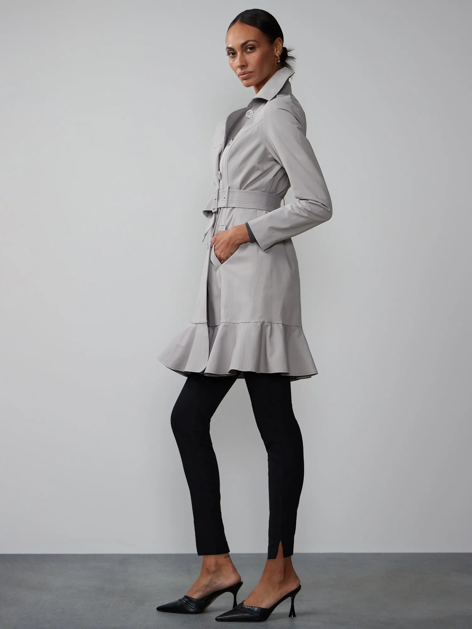 Long Sleeves Belted Peplum City Trench Coat