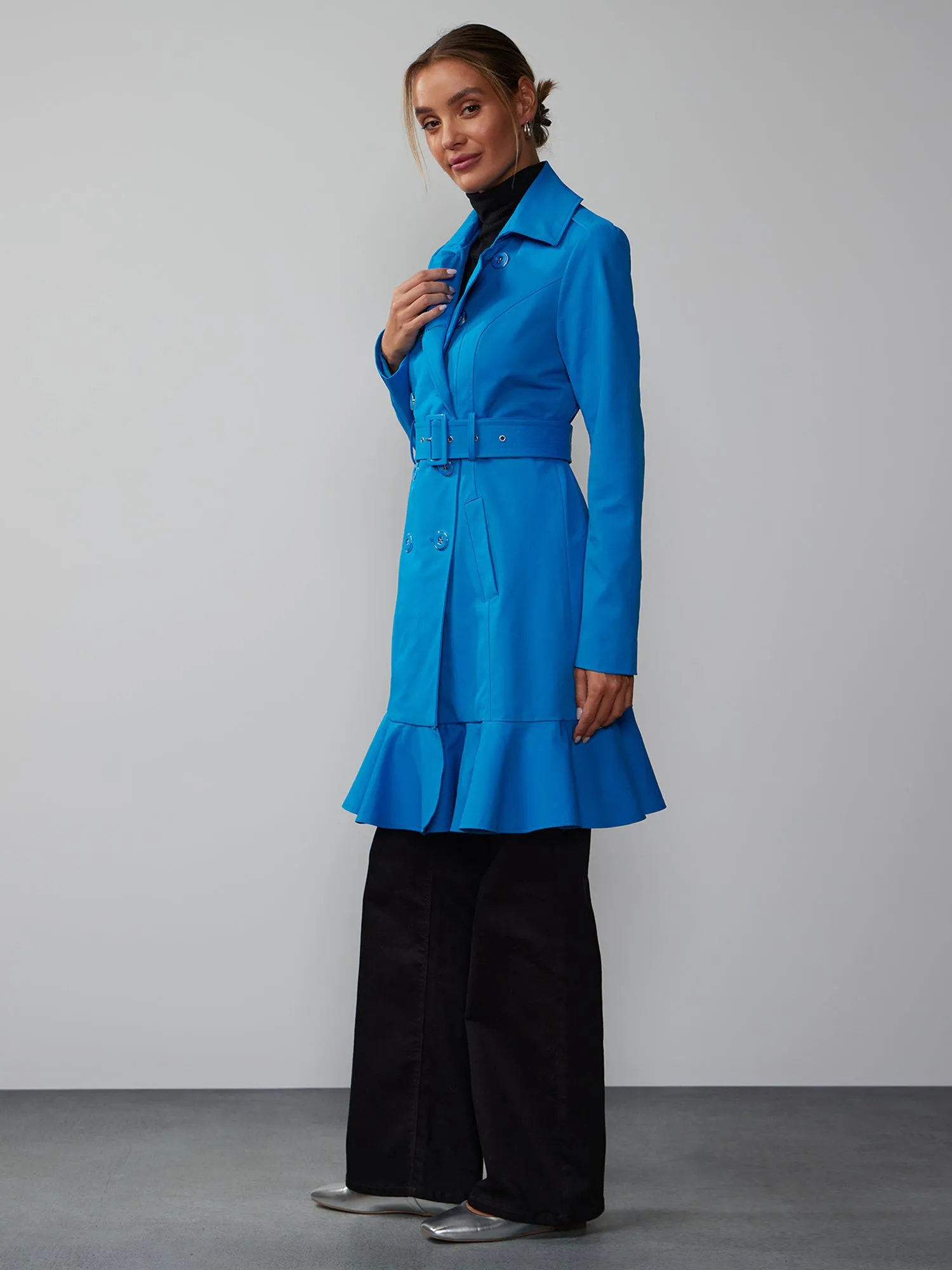 Long Sleeves Belted Peplum City Trench Coat