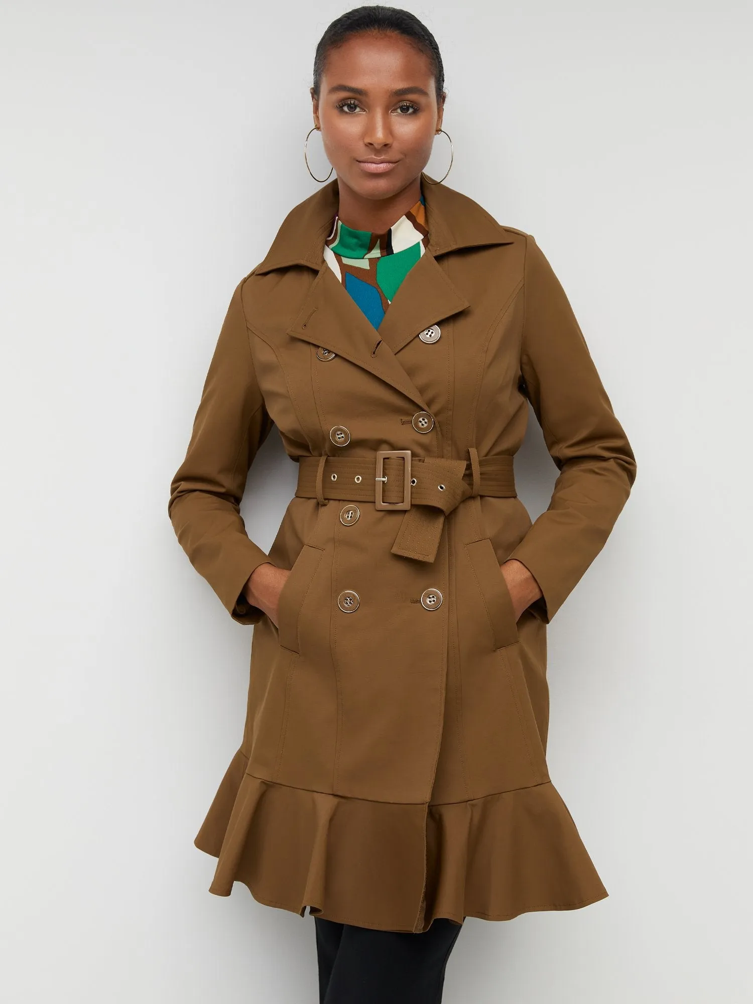 Long Sleeves Belted Peplum City Trench Coat