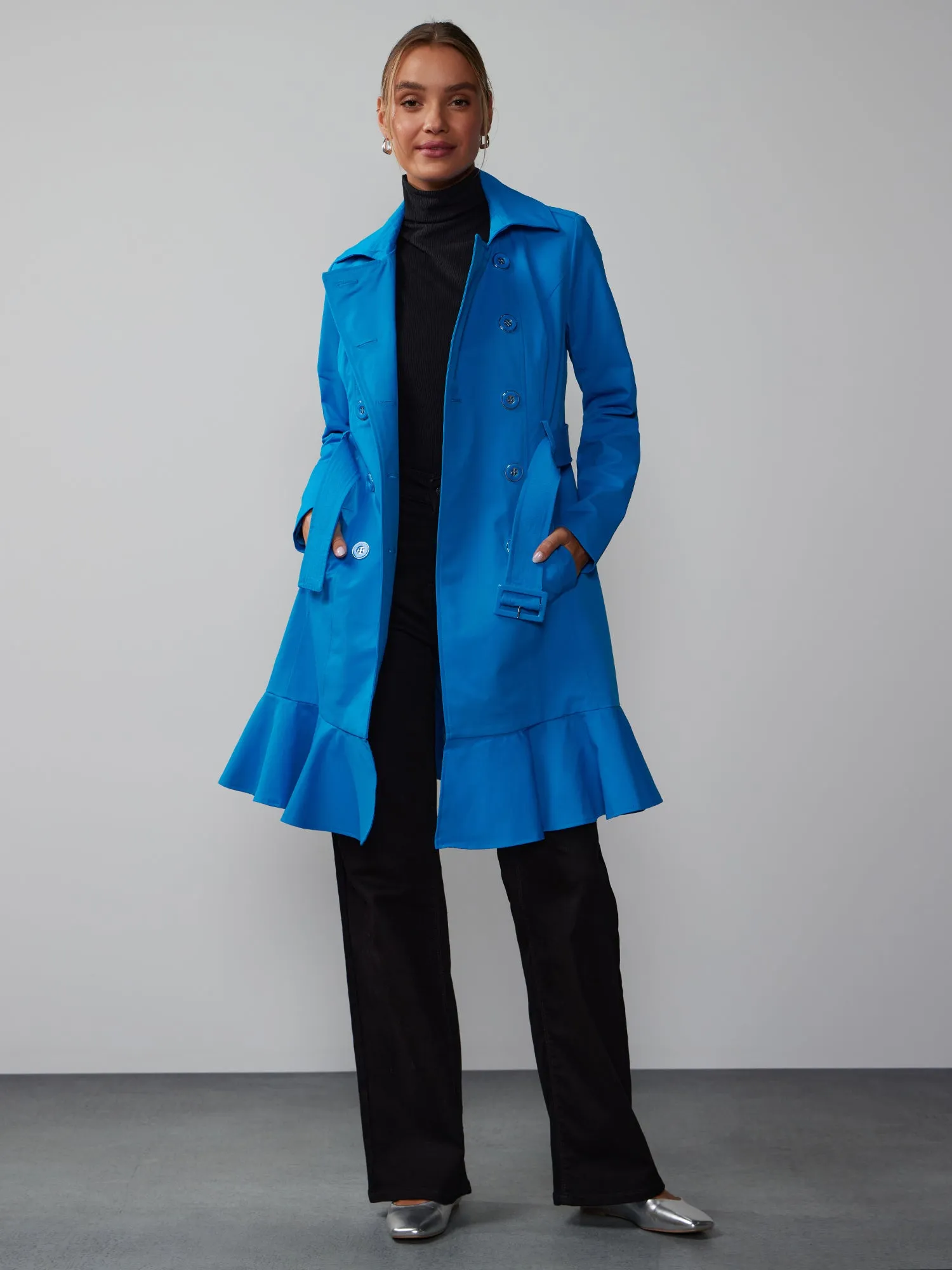 Long Sleeves Belted Peplum City Trench Coat