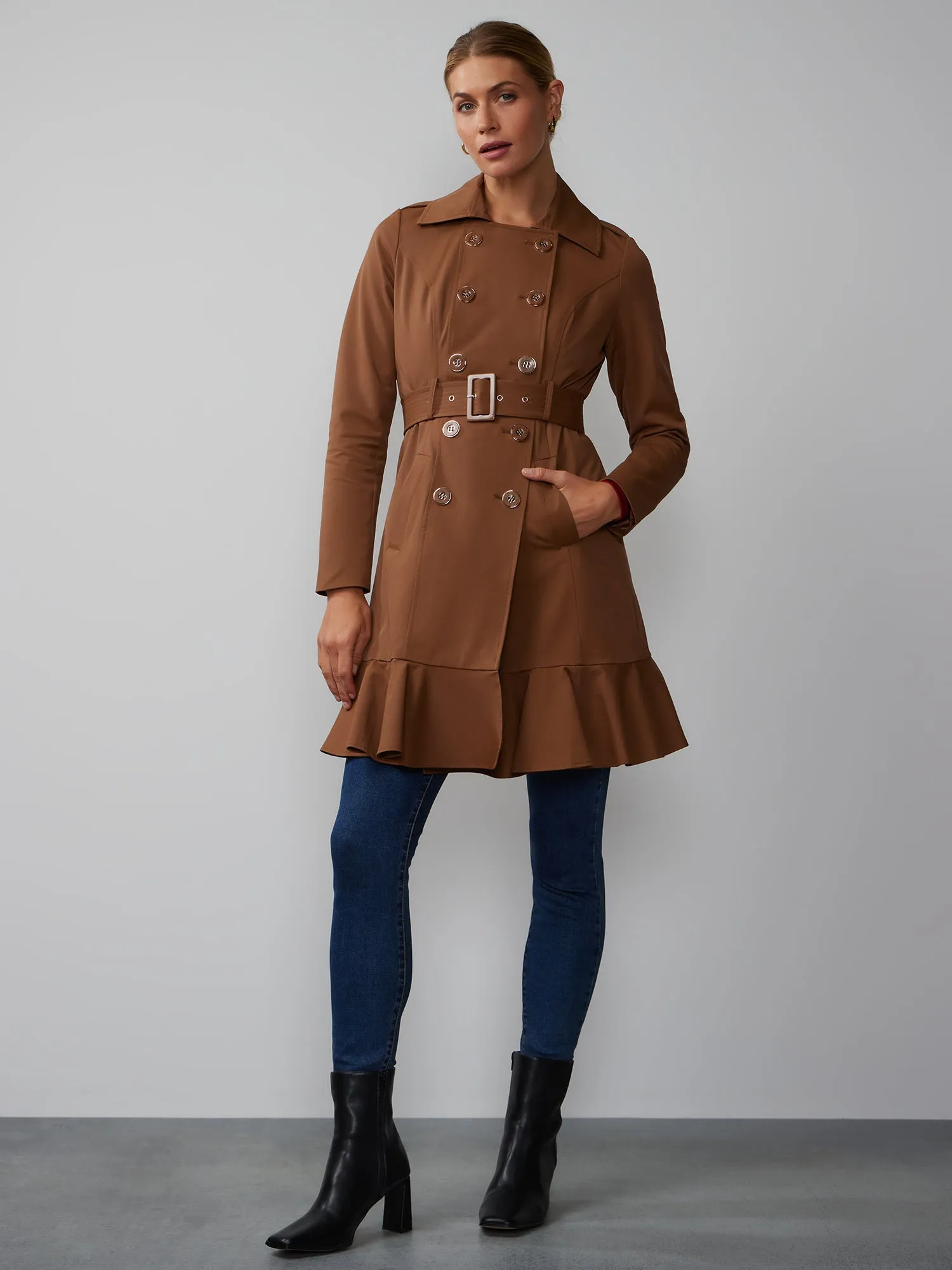 Long Sleeves Belted Peplum City Trench Coat
