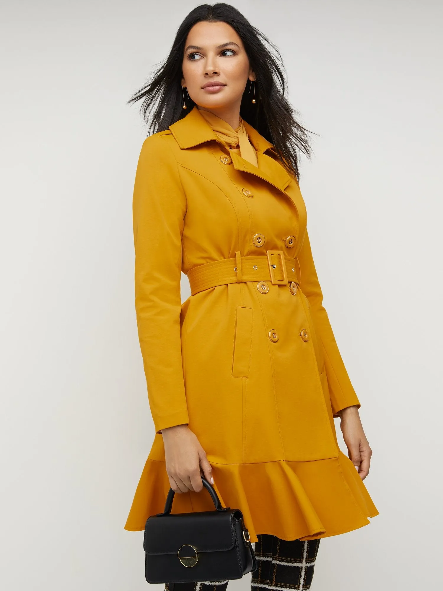 Long Sleeves Belted Peplum City Trench Coat