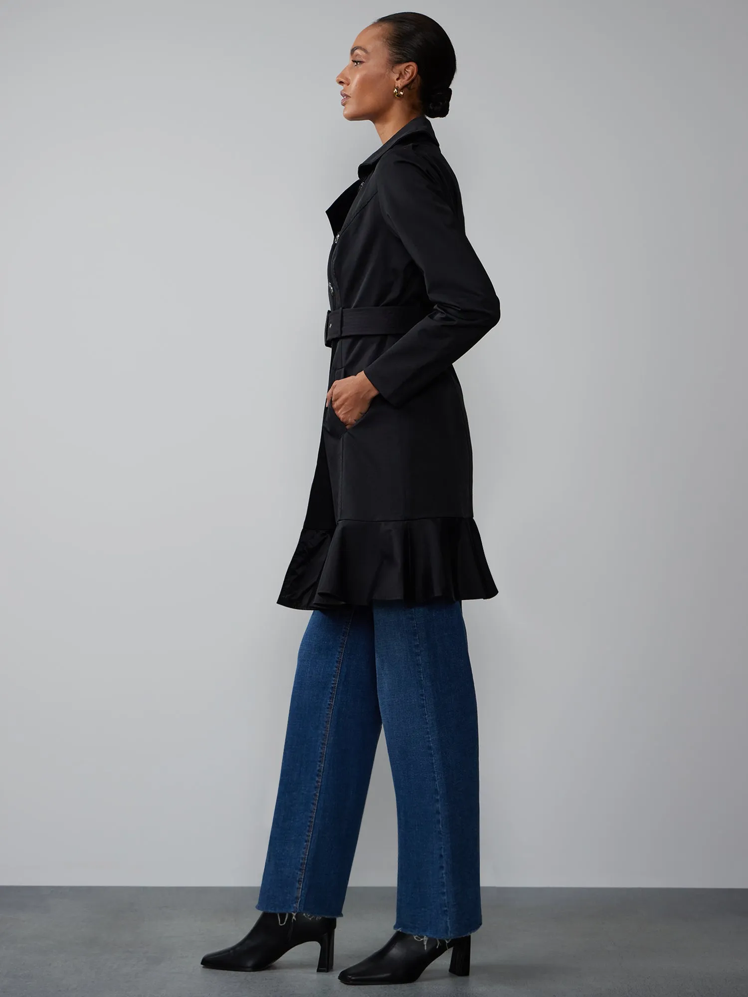 Long Sleeves Belted Peplum City Trench Coat