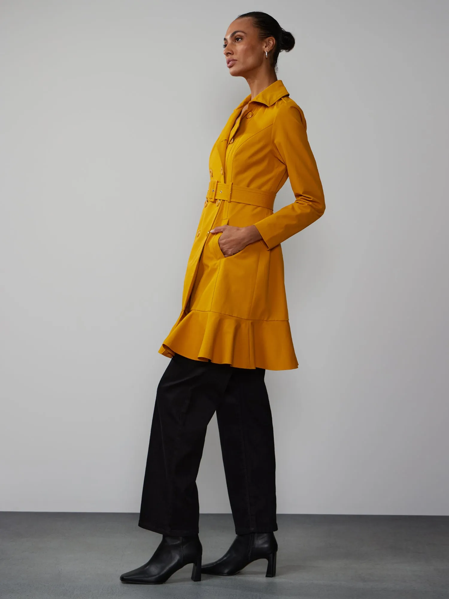 Long Sleeves Belted Peplum City Trench Coat