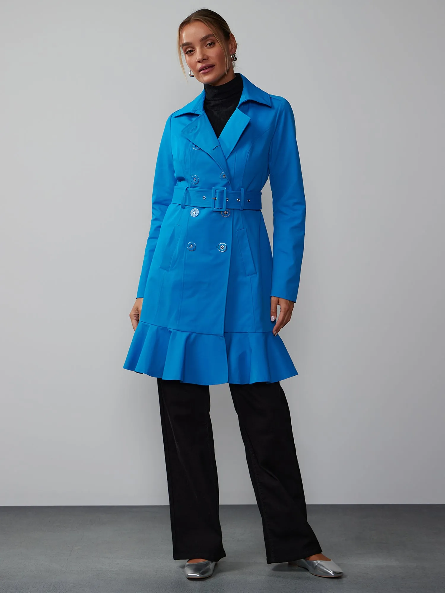 Long Sleeves Belted Peplum City Trench Coat