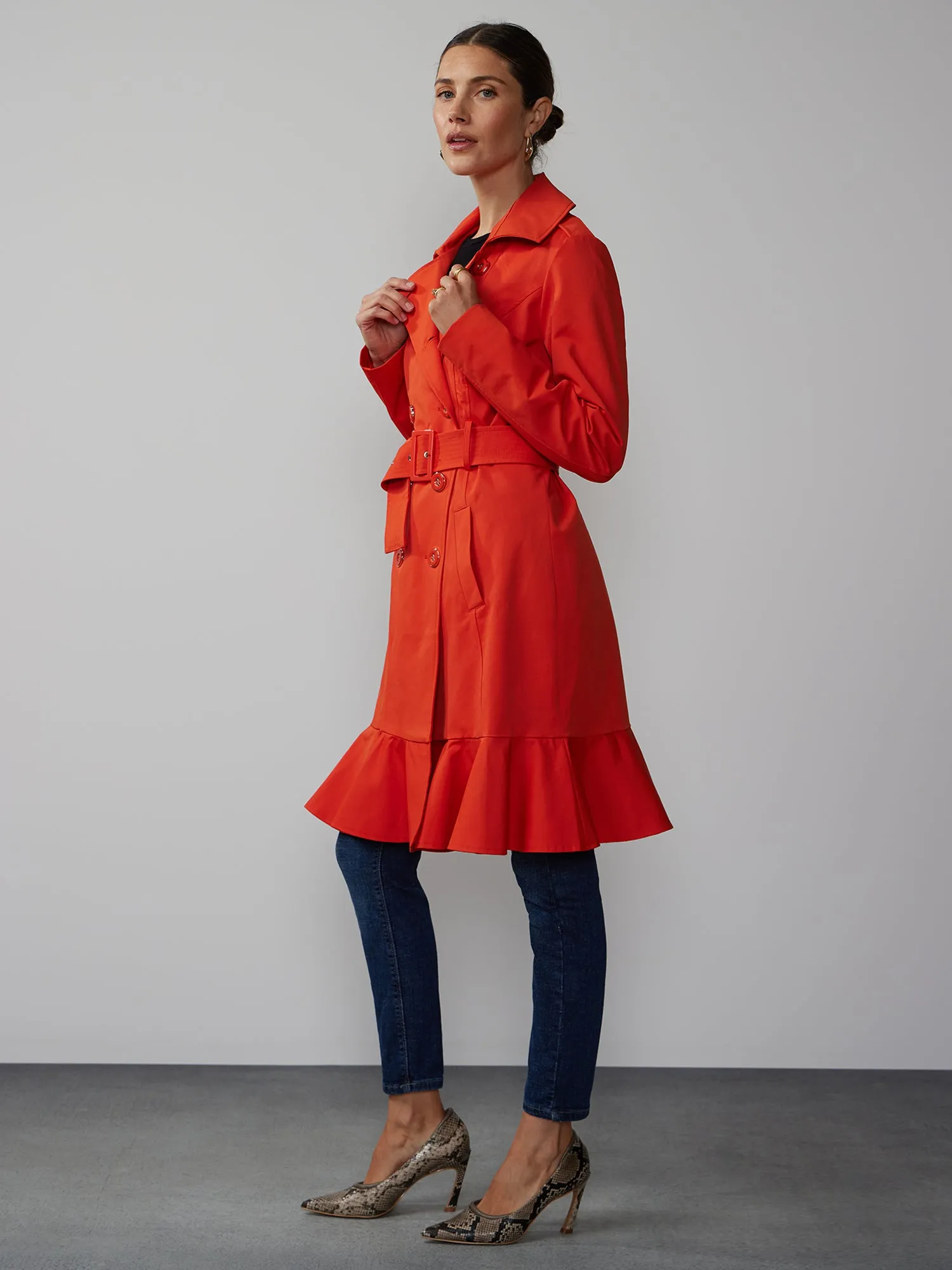 Long Sleeves Belted Peplum City Trench Coat