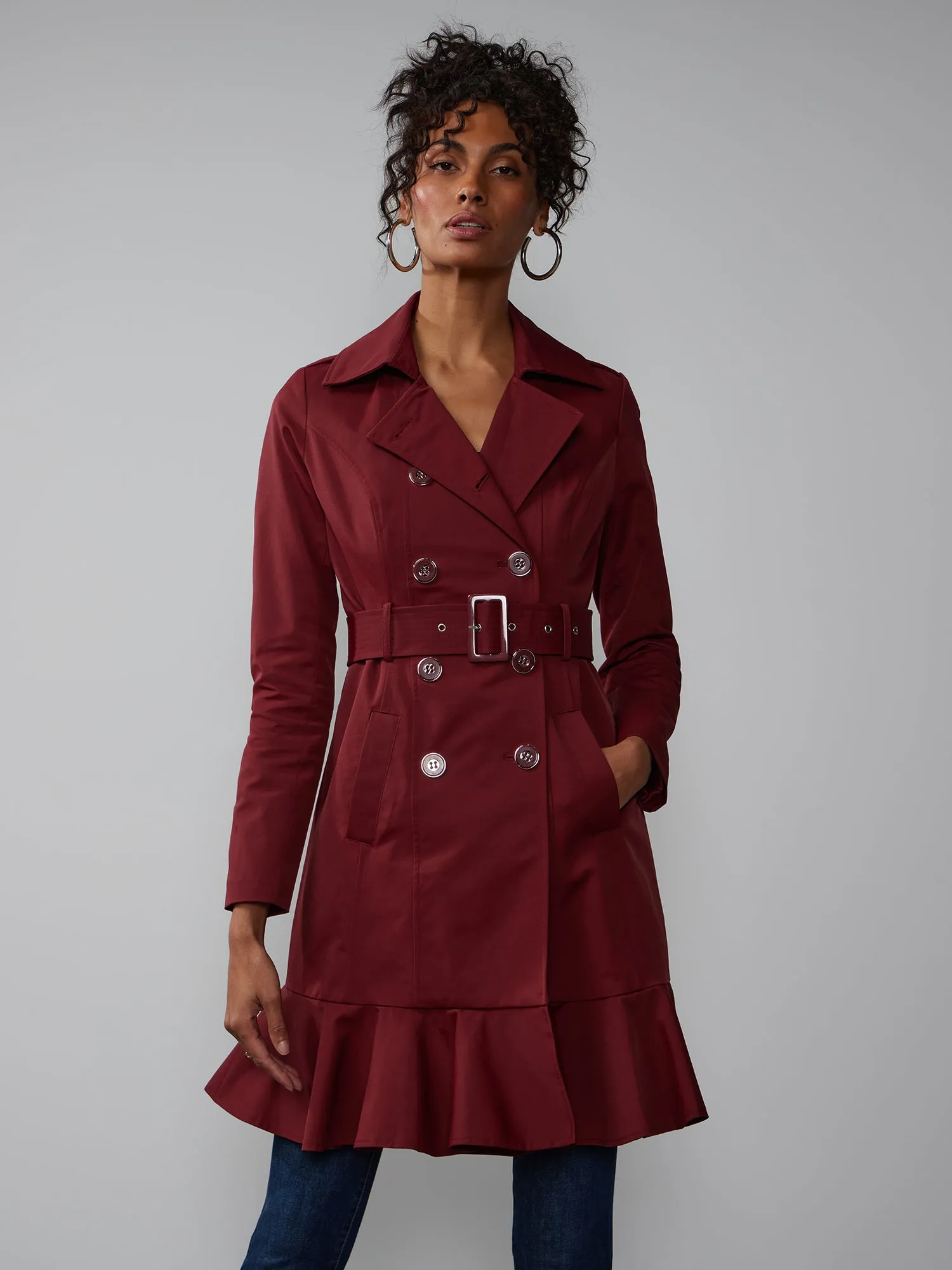 Long Sleeves Belted Peplum City Trench Coat