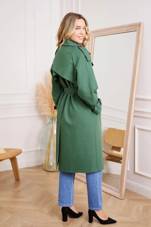 Long Trench Coat with Belt Green