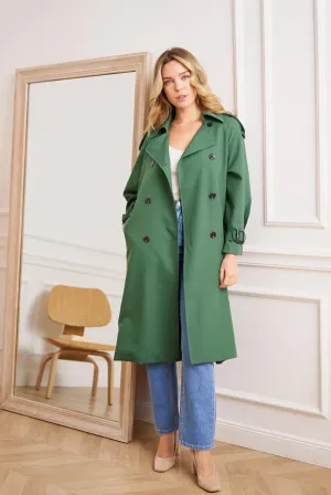 Long Trench Coat with Belt Green