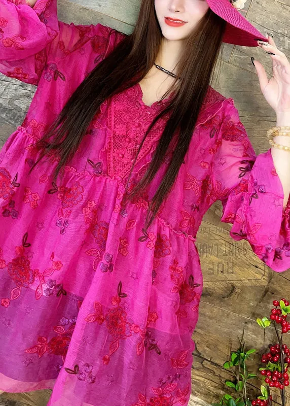 Loose Rose V Neck Embroidered Patchwork Chiffon Shirt Summer XX026