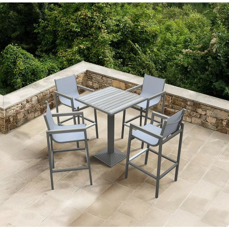 Marina Outdoor Patio Set Gray Finish and Gray Wood Top (Table with 4 barstools)