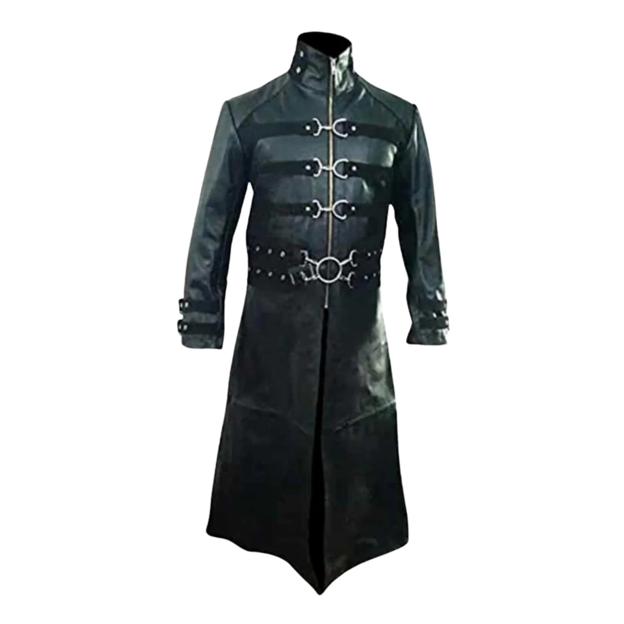 Mens Gothic Black Leather Long Coat