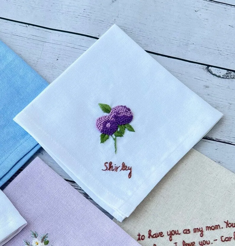 Personalized Embroidered Hydrangea Handkerchiefs