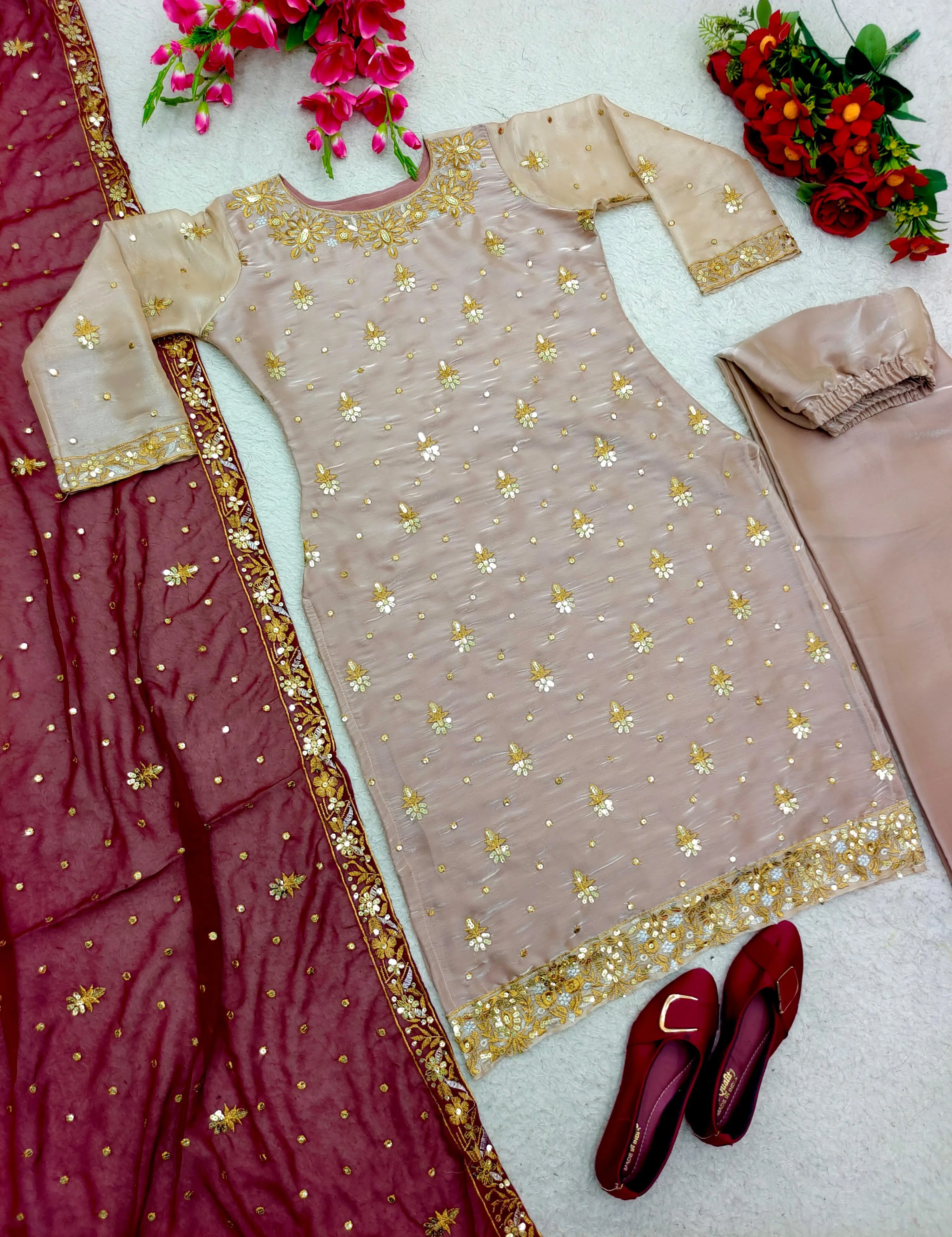 Pink Elegant Top-Palazzo With Dupatta Set