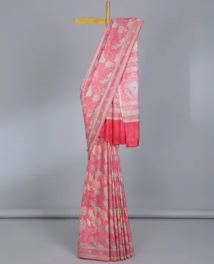 Pink tropical floral printed semi-banaras printed saree, floral printed border & intricately printed pallu
