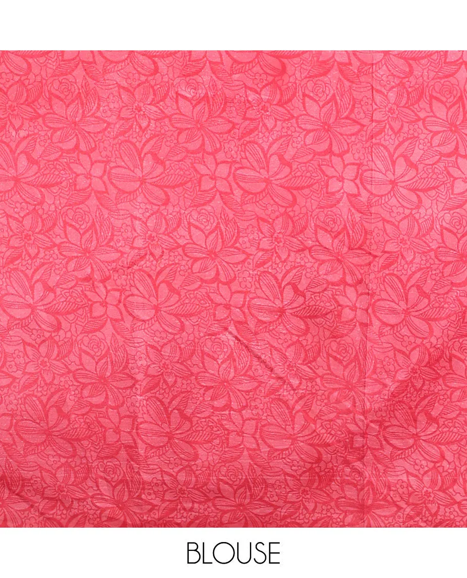 Pink tropical floral printed semi-banaras printed saree, floral printed border & intricately printed pallu
