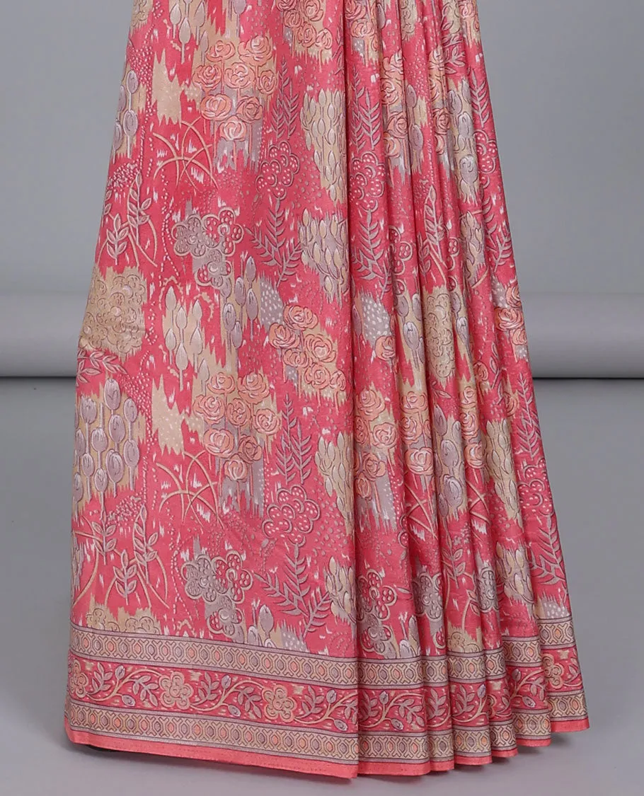 Pink tropical floral printed semi-banaras printed saree, floral printed border & intricately printed pallu