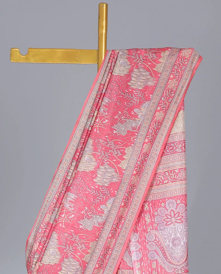 Pink tropical floral printed semi-banaras printed saree, floral printed border & intricately printed pallu