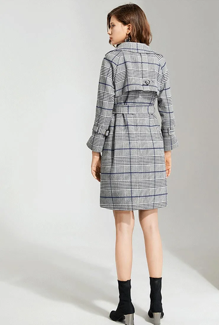 Plaid Suit Collar Waist Trench Coat