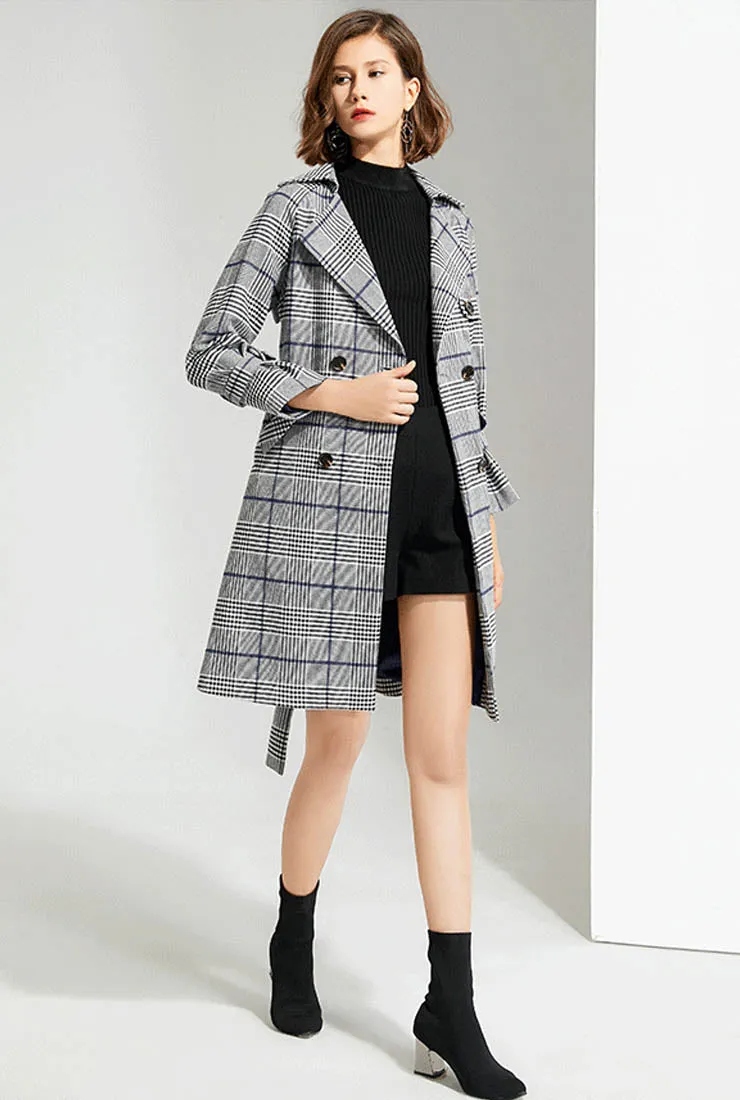 Plaid Suit Collar Waist Trench Coat
