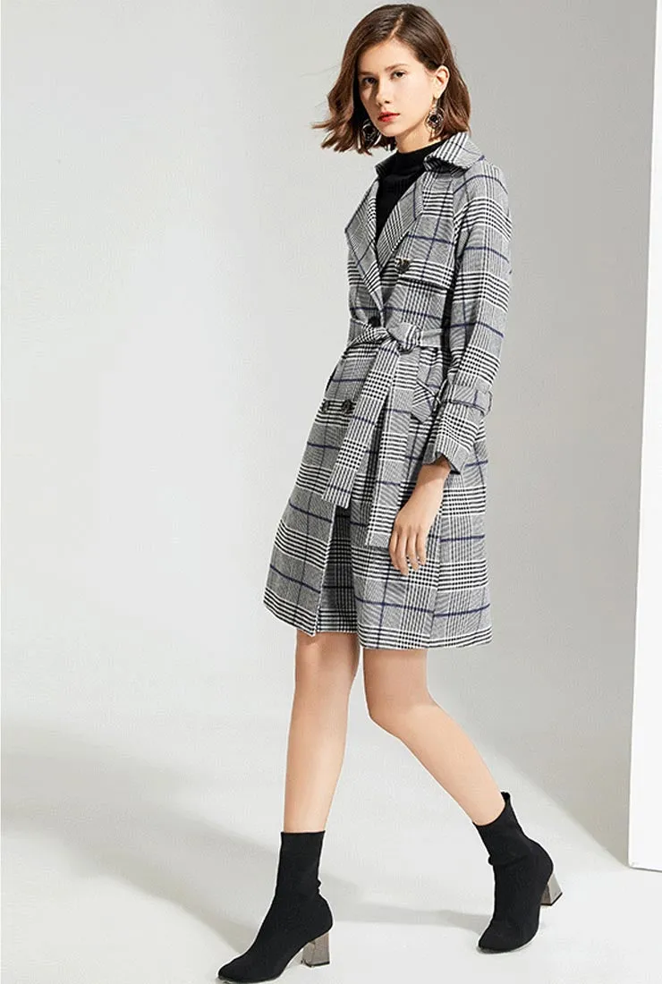 Plaid Suit Collar Waist Trench Coat