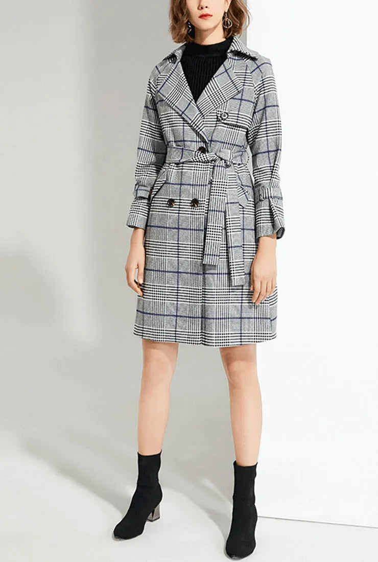 Plaid Suit Collar Waist Trench Coat