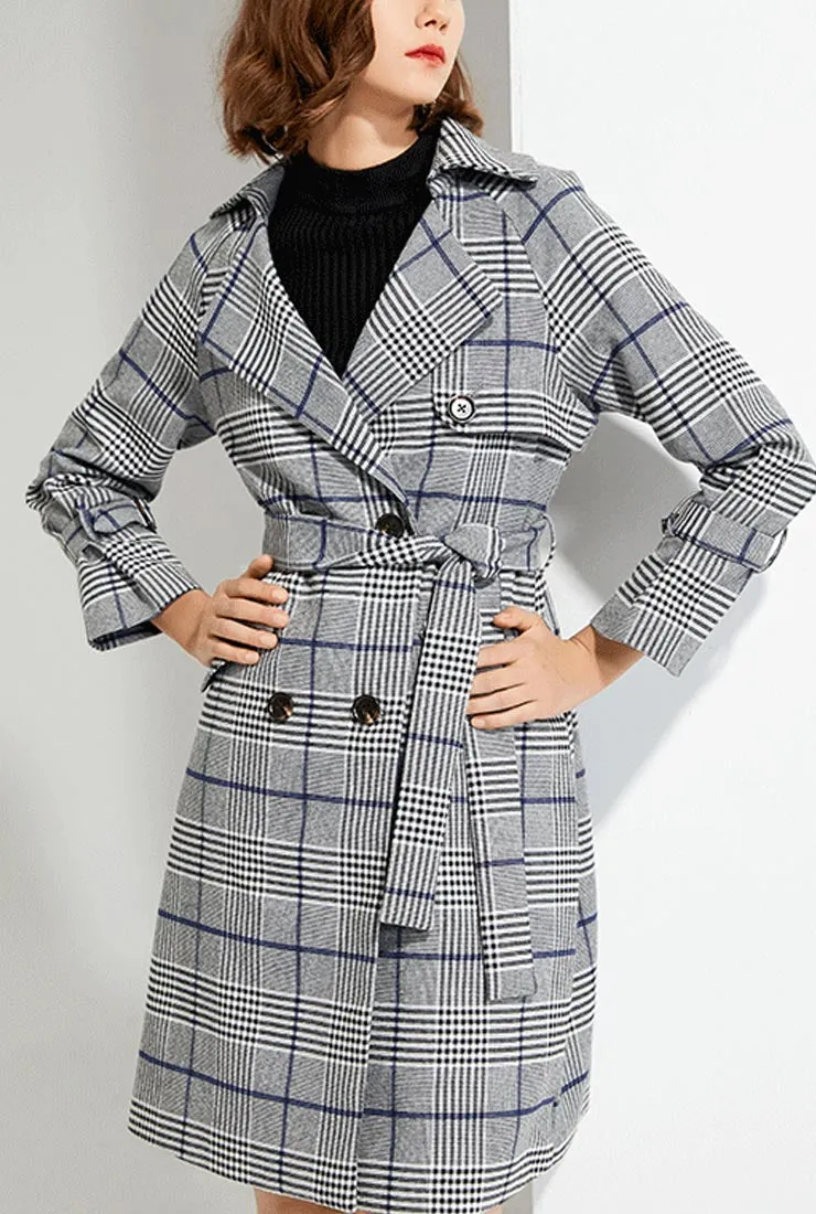 Plaid Suit Collar Waist Trench Coat