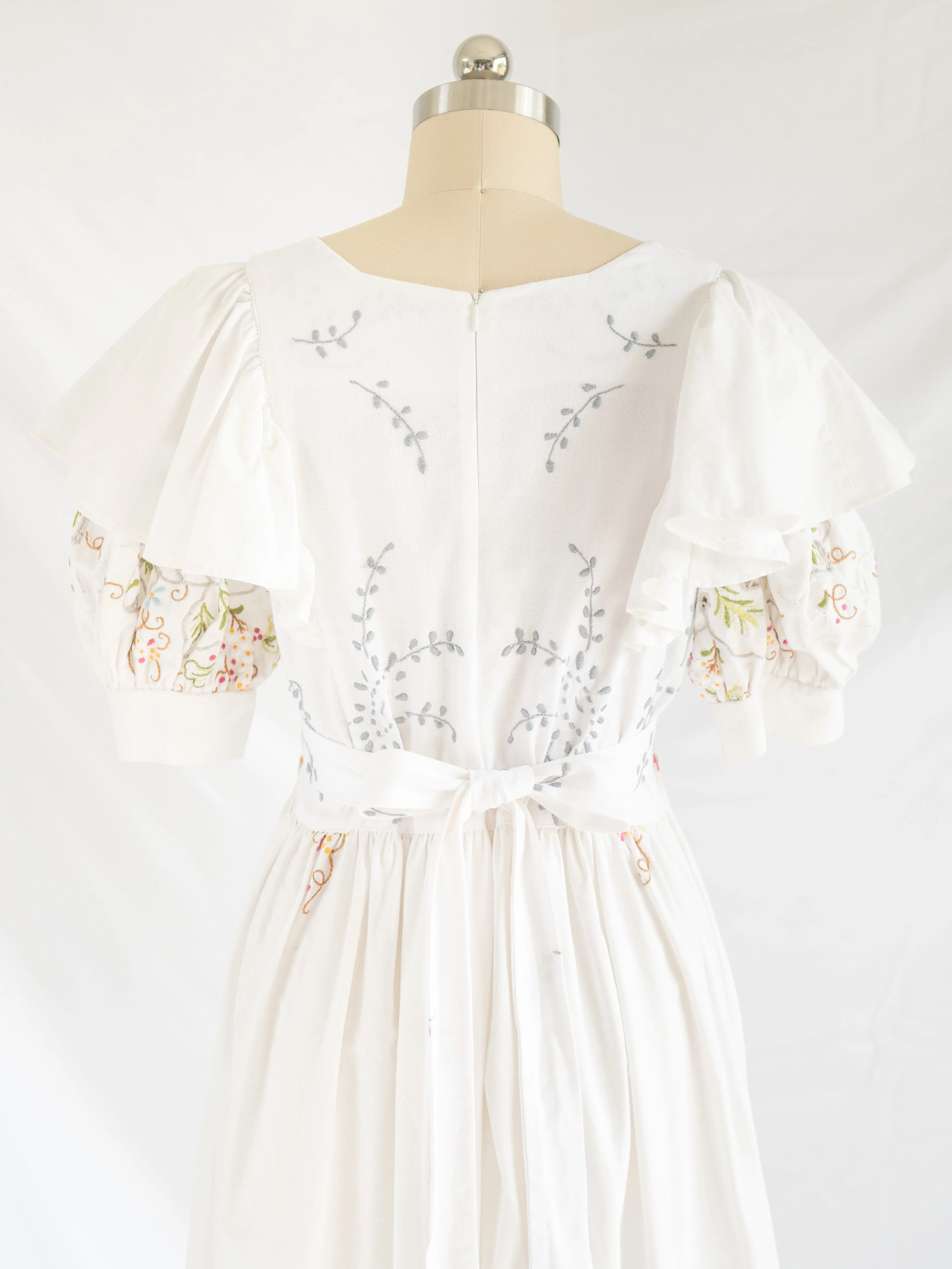 Re-design Upcycled Ruffle Cuff Sleeved White Maxi Dress